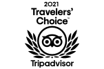 The image shows the 2021 Travelers' Choice award logo from TripAdvisor with an owl symbol surrounded by laurel leaves.