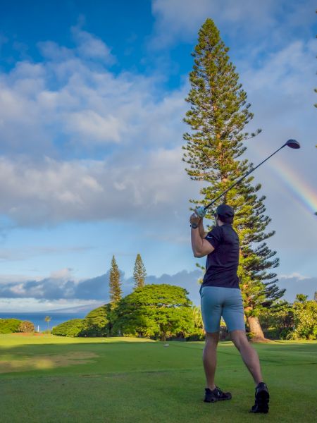A person walks on a sunny beach with turquoise water, pine trees, and clear blue skies in the background, ending with a period.