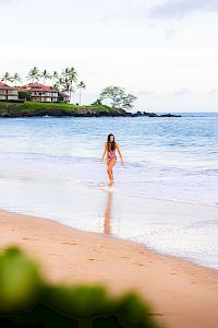 A person is walking along a sandy beach with gentle waves. In the background, there are buildings with palm trees and greenery.