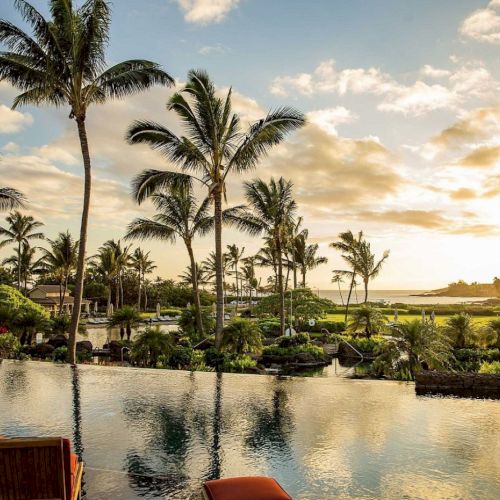 A tranquil tropical scene features palm trees, a serene pool, lush vegetation, and a picturesque sunset over a distant body of water.