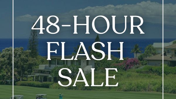 A 48-hour flash sale on vacation rentals in Maui, with a scenic green field and blue sky background, in a framed promotional ad.