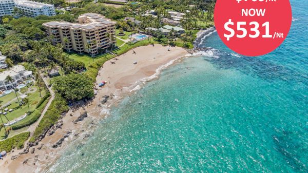Aerial view of a beachfront resort with a discount promotional graphic, showing a price drop from $709/night to $531/night.