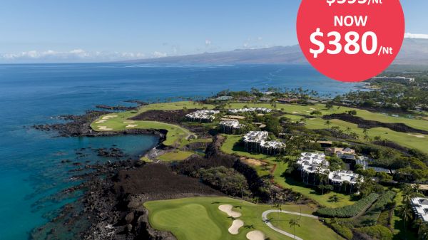 An aerial view of a coastal resort with a golf course, featuring a red price tag advertisement showing a discount from $595/Nt to $380/Nt.