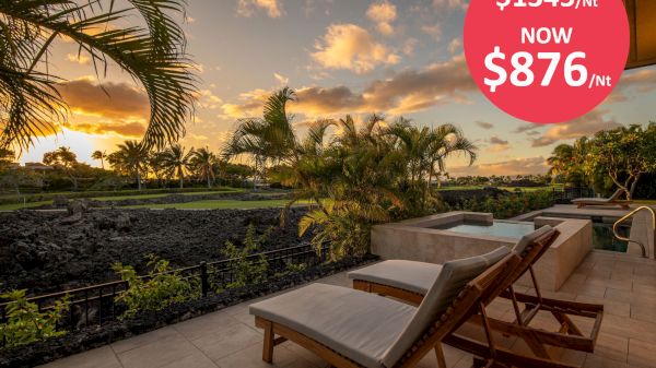 The image shows a landscaped outdoor area with lounge chairs overlooking a serene view, featuring a special rate of $876/nt (formerly $1345).