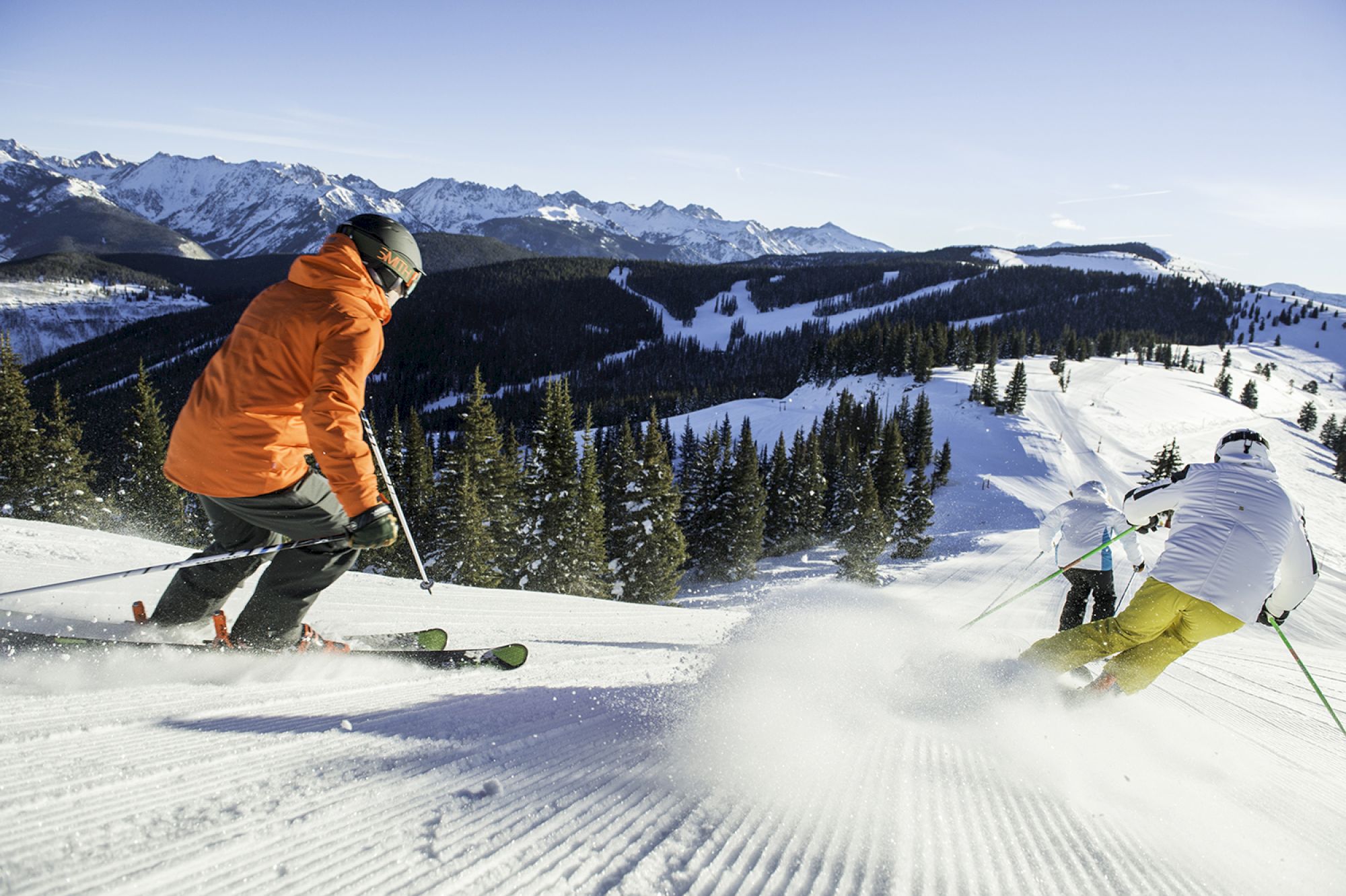 Two skiers carve fresh powder on a sunny mountain slope, evergreen trees lining the run as distant peaks rise under a clear blue sky.