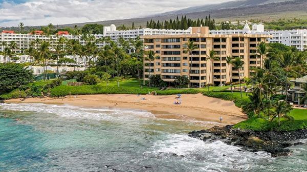 Beachfront scene with a sandy shore, a few sunbathers, and a coastal building surrounded by greenery and tropical trees.
