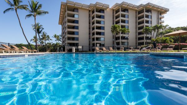 An outdoor pool with clear blue water in front of a multi-story building, surrounded by palm trees and lounge chairs under a sunny sky.