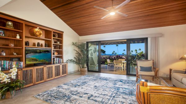 A cozy living room with wooden ceiling, carpeted floor, bookshelves, a ceiling fan, and sliding doors leading to a patio with outdoor seating.