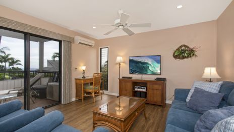 A cozy living room with a sofa, armchairs, coffee table, TV, and desk, opens to a balcony with palm trees.