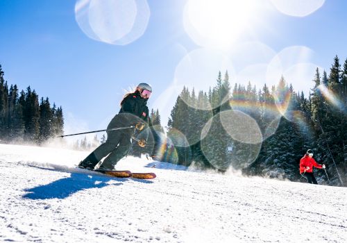 Two skiers on a sunny, snowy mountain slope with trees in the background and lens flares in the image.