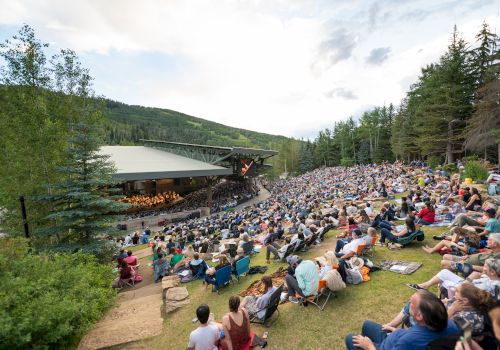 A large outdoor audience watches a concert at an open-air amphitheater surrounded by trees and mountains in daylight.