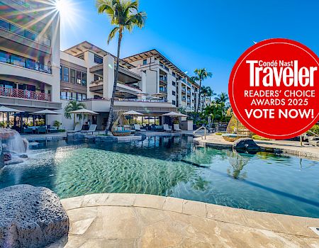 A luxurious resort pool with palm trees is shown. A red circle promotes Condé Nast Traveler's 2025 Readers' Choice Awards, urging a vote.