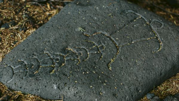 The image shows a stone with petroglyph carvings on its surface, placed on what appears to be a natural ground setting.