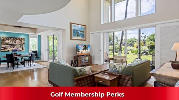 A spacious living room opens to a green landscape; caption reads "Golf Membership Perks," highlighting luxury and outdoor access.