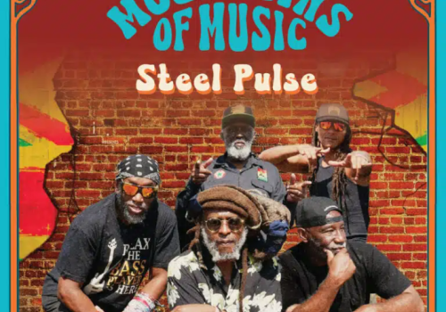 The image is a poster for "Mountains of Music" featuring Steel Pulse at the Gerald R. Ford Amphitheater, Vail, CO, on June 7.