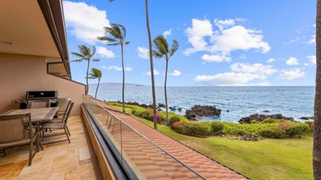 A patio with dining furniture overlooks a coastal view with palm trees, grassy lawn, rocky shoreline, and a bright blue sky with clouds.