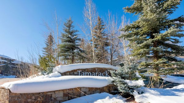 A snowy landscape shows a stone sign reading "Tamarack" surrounded by snow-covered trees under a clear blue sky.