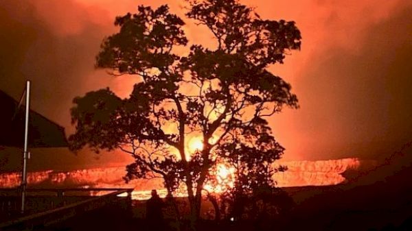 A silhouette of a tree against a bright orange and red sky, possibly from a fire or volcanic activity, with benches in the foreground.