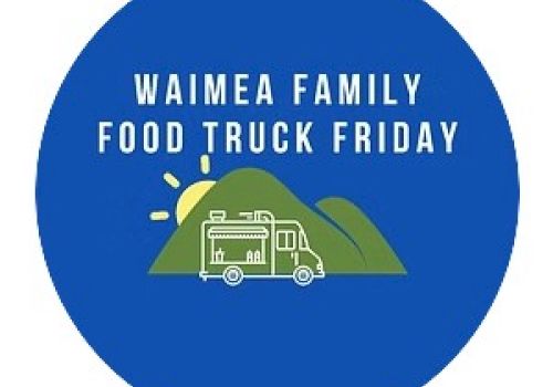 The image is a circular logo with the text "Waimea Family Food Truck Friday" and an illustration of a food truck in front of mountains.