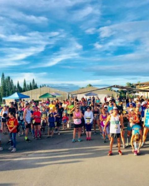 A large group of people, likely participating in a running event, gathers outdoors with a backdrop of trees and clear skies.