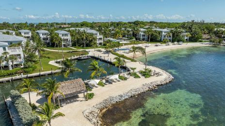 A serene coastal view featuring palm trees, a sandy beach, and modern white buildings near crystal-clear waters. Perfect for relaxation.