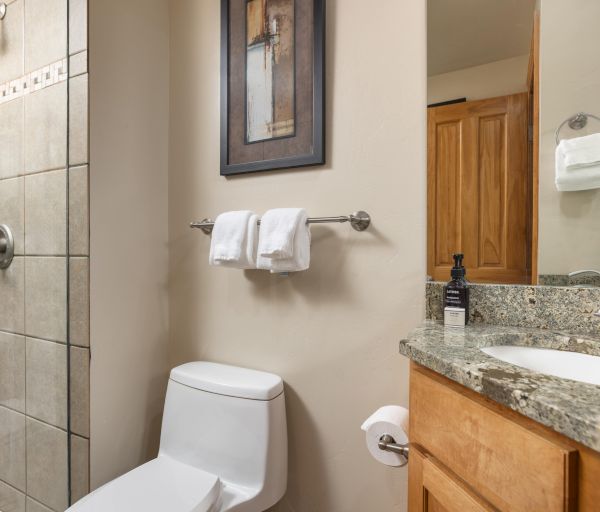 The image shows a modern bathroom with a shower, toilet, sink, towels, and personal care products on the counter.