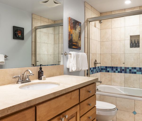 The image shows a modern bathroom with a vanity, a shower, a tub, and decorative wall art. It appears clean and inviting.