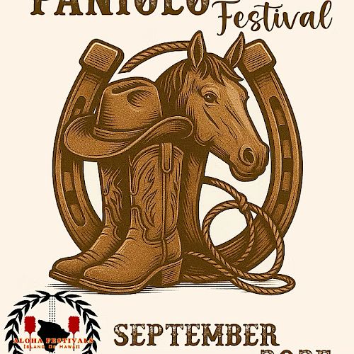 The image features a design for the Paniolo Festival, showcasing a horse, cowboy boots, and a rope, set for September 2025.