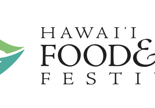 The image features the logo for the Hawaii Food & Wine Festival, showcasing a green leaf and a water design. Enjoy the flavors!