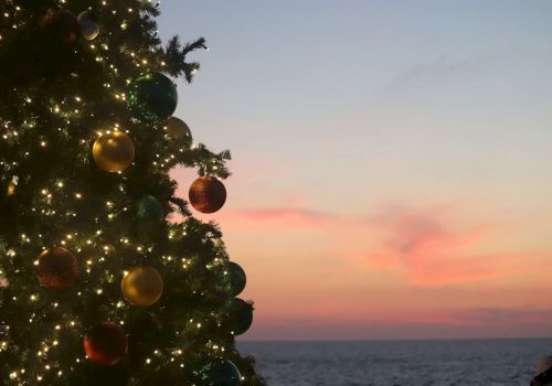 The image features a decorated Christmas tree with colorful ornaments, shimmering lights, and a serene sunset over the ocean.