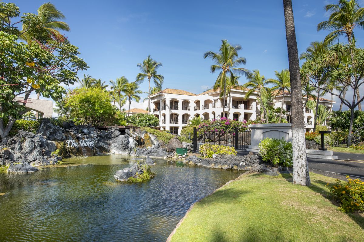 The image shows a serene resort scene with palm trees, a pond, and a building labeled "The Shores" under a clear blue sky.