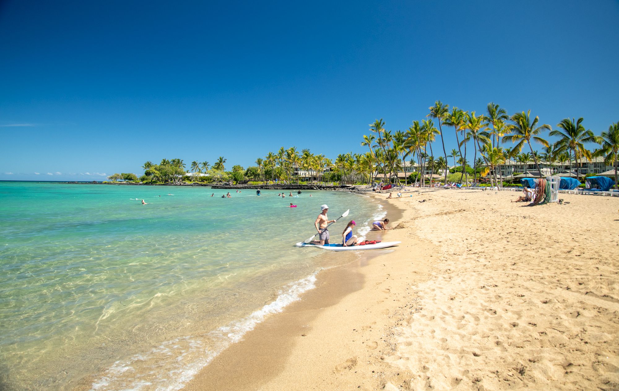 A tropical beach with golden sand, turquoise water, palm trees, and people enjoying the sea and relaxing along the shore.