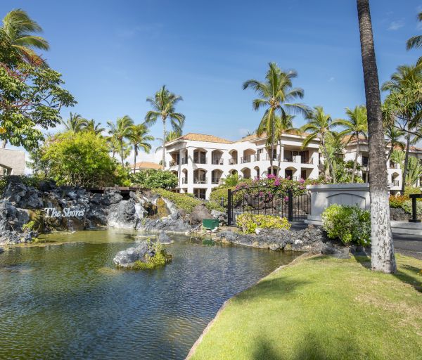 The image shows a tropical resort with palm trees, a pond, and a sign reading "The Shores," surrounded by lush greenery and bright flowers.