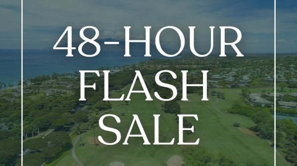 A promotional image for a &ldquo;48-Hour Flash Sale&rdquo; on vacation rentals in Maui, with a 20% off offer, framed by a white border over a green landscape.