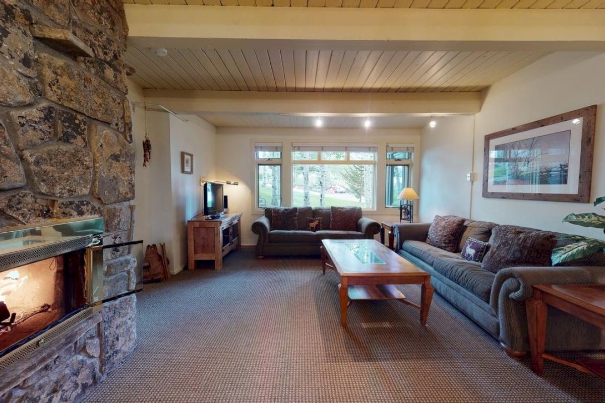 The image shows a cozy living room with a stone fireplace, comfortable sofas, a wooden table, and large windows for natural light.