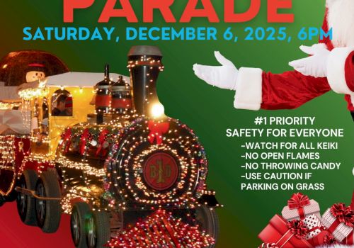 A festive parade poster for the 65th Annual Waimea Christmas Twilight Parade, with Santa, a decorated train, lights, and event details, ending with a period. 140 characters: Waimea’s 65th Annual Christmas Twilight Parade lights up Waimea with Santa, a sparkling train, and holiday cheer on Dec 6, 2025.