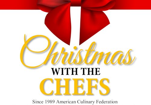 A festive banner for “Christmas with the Chefs” featuring a red ribbon bow, gold script, and a white background, with smaller text at the bottom.