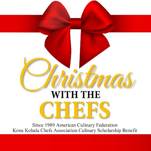 A festive banner for “Christmas with the Chefs” featuring a red ribbon bow, gold script, and a white background, with smaller text at the bottom.