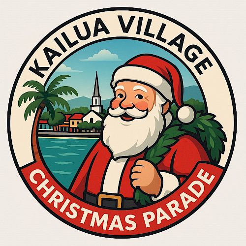 A festive circular badge featuring Santa Claus with a Christmas parade banner, palm trees, a coastal town, and the text “Kailua Village Christmas Parade.”