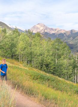 A family hike on a trail through grassy hills with trees, mountains in the background, and clear blue sky.