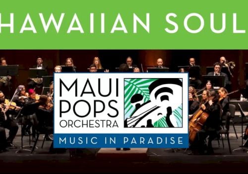 Hawaiian Soul album by Maui Pops Orchestra, with &ldquo;Music in Paradise&rdquo; logo over a full orchestra on stage, in bright green banner.