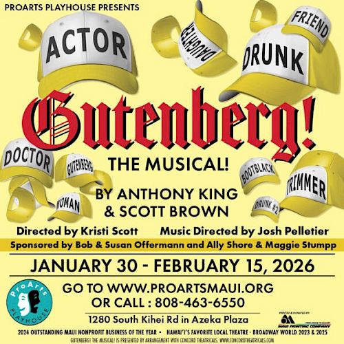 A poster for the musical "Gutenberg!" with yellow hats and torn paper captions, announcing actors, doctors, drunks; January 30&ndash;February 15, 2026.