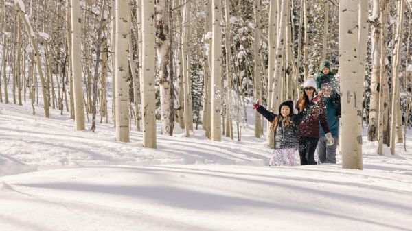 A family waves hello in a snowy forest of tall white birch trees, bundled up and enjoying a sunny day in fresh powder.