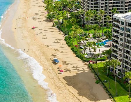 A beachfront with golden sand and turquoise water beside tall hotel buildings, palm trees, and a few colorful umbrellas.