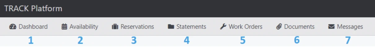 The image shows a software header labeled &ldquo;TRACK Platform&rdquo; with a navigation bar: Dashboard, Availability, Reservations, Statements, Work Orders, Documents, Messages.